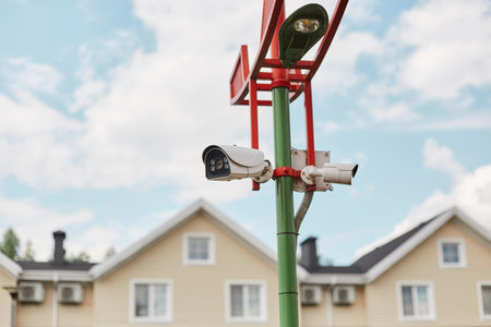 Videcam on a field. security system. Video surveillance of the street and houses.