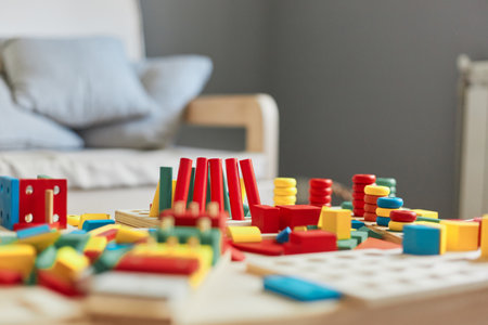 Kindergarten play space with colorful wooden educational toys.の写真素材
