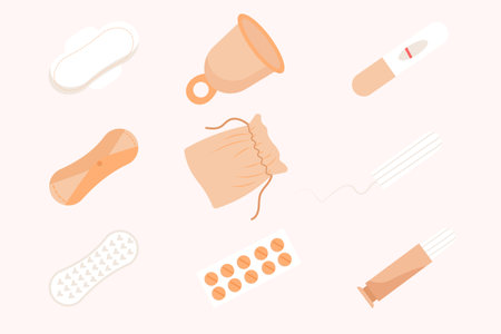 Set of sanitary pads, tampons and menstrual cup. Vector illustrationのイラスト素材