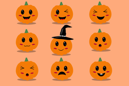 Illustration of different halloween pumnpkin emoji on beige background, happy sad surprised scared emotions.のイラスト素材