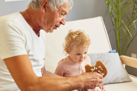 Granddad bonding. Spending time together. Family gathering. Playful infant. Gray haired man playing wooden toy with infant granddaughter on couch at home interiorの写真素材