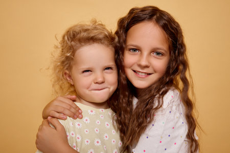 Blonde infant sharing joyful embrace with her brown-haired older sister while looking at the camera indoors displaying friendly and sociable spirit of childhood isolated over beige backgroundの写真素材