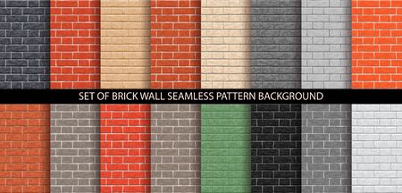 Brick wall seamless pattern set. Different brick background textures - red, orange, gray, black, brown, green, beige, light colors. Set of seamless brick wall texture. Vector pattern illustration.のイラスト素材