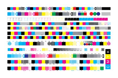 CMYK print test control scales. Vector set color bar CMYK and test chart offset. Print control strips color cmyk for prepress and print.