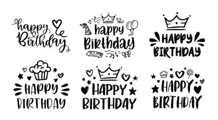 HAPPY BIRTHDAY lettering sign quote typography set. Calligraphy design for card, print poster graphic vector brush design. Birthday party decor. Black text - Happy Birthday on a white background.のイラスト素材