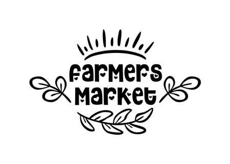 FARMERS MARKET. Vector brush lettering typography - farmers market on a white background. Farm market natural organic product brand sign symbol. Hand drawn logo, doodles badges, icon, label.のイラスト素材