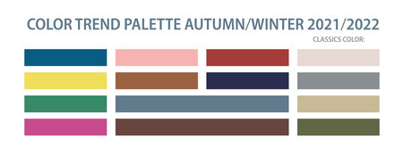 Color trend palette 2021, 2022 autumn and winter. Set of year trend color for fashion, home, interiors design, vector illustration. Color swatch trend autumn and winter 2022 year.のイラスト素材