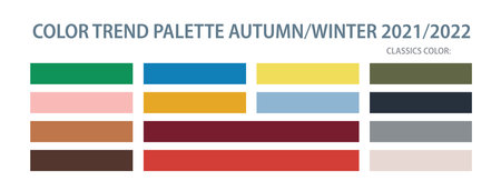 Color trend palette 2021, 2022 autumn and winter. Color swatch trend autumn and winter 2022 year. Set of year trend color for fashion, interiors design. Color vector illustration.のイラスト素材