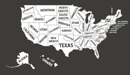USA MAP. United States of America with text state names. Flat black and white vector illustration. American map for poster, banner, t-shirt. Design USA typography map with states text.のイラスト素材