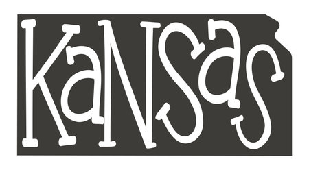 Kansas drawn map with text script. Outline Isolated illustration on a white background. Kansas state map word for poster, banner, t-shirt, tee. Kansas vector silhouette state.のイラスト素材