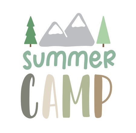 Summer Camp. Vector illustration. Summer camp typography design for t-shirt, poster, banner. Hand drawn lettering typography text. Summer camp traveling logo for print.のイラスト素材