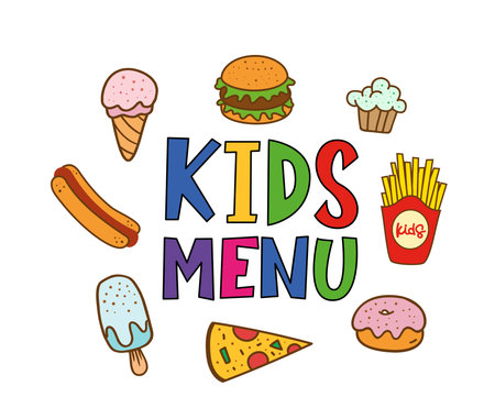 Kids menu. Logo for banner, flyer, poster design. Meal menu vector template. Kids food concept. Cute colorful illustration. Children nutrition logo symbol. Funny label kids food menu.のイラスト素材