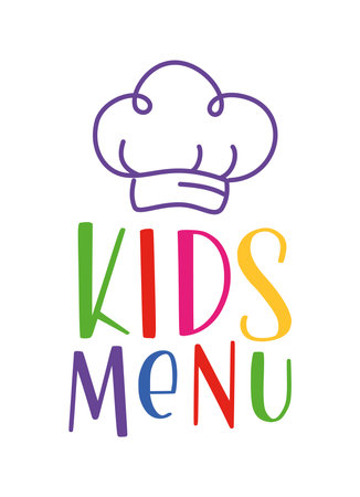 Kids menu. Logo set for banner, flyer, poster design. Meal menu vector template. Kids food concept. Cute colorful illustration. Children nutrition logo symbol. Funny label kids food menu cooks cap.のイラスト素材