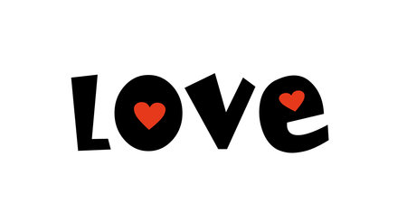 Love. Hand drawn typography word. Love with doodle heart. Print for tee, t-shirt, card, poster. Modern typography calligraphy script love text. Vector valentine day illustration.のイラスト素材