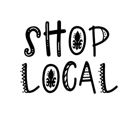 SHOP LOCAL hand drawn doodles badges, logo, icon. Handwritten modern vector brush typography calligraphy - shop local on a white background. Small shop, local business.のイラスト素材