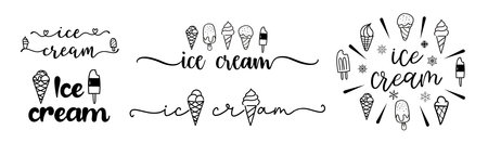 Ice cream logo with icons set. Typography, black letters isolated on white background. Vector type illustration. Ice cream, labels, stickers and badges. Hand drawn ice cream text and doodle.のイラスト素材