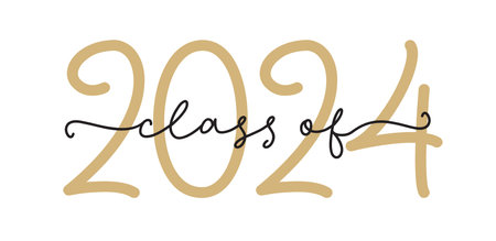 CLASS OF 2024. Graduation logo with cap and diploma for high school, college graduate. Template for graduation design, party. Hand drawn font for yearbook class of 2024. Vector illustration.のイラスト素材
