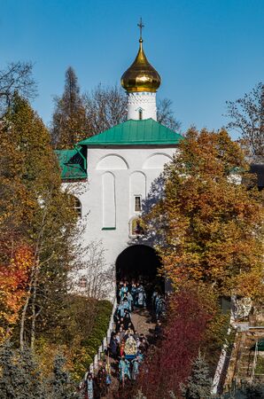 Nicholas Church of the Pskov-Pechersky Monastery on a background of blue autumn skyの写真素材