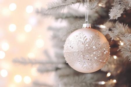 Beautiful glass ball with rhinestone snowflake on a Christmas tree.の素材