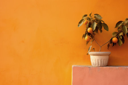Citrus tree in a pot against an orange wall.の素材