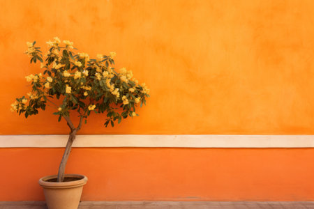 Citrus tree in a pot against an orange wall.の素材