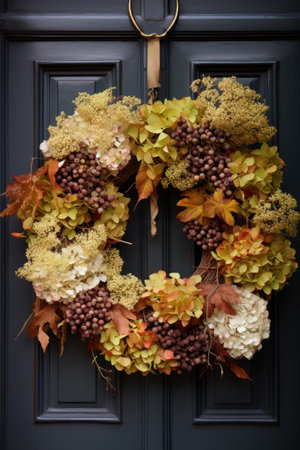 A wreath of dry hydrangea and autumn leaves on a black front door. Thanksgiving decor.の素材