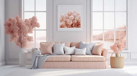 Living room in pink tones. Autumn hydrangea decor.の素材