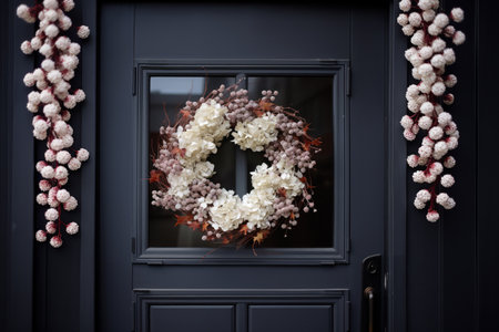 A wreath of dry hydrangea and autumn leaves on a blue front door. Thanksgiving decor.の素材