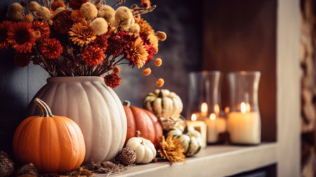 Vase with dried flowers and spikelets, pumpkins and candles. Fall interior decor details for Thanksgiving.の素材