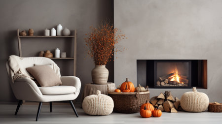 Vase with dried flowers and spikelets, pumpkins and candles. Autumn interior of a country chalet for Thanksgiving.の素材