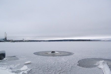 Melancholic landscape with the mystery sign on the frozen lakeの写真素材
