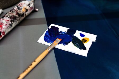 still life with art brush and blue strokesの写真素材