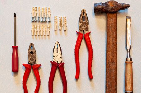 flat lay with different building tools and dowelsの写真素材