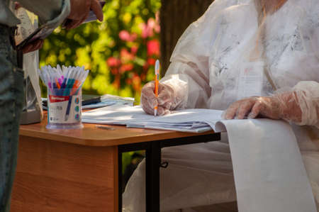 Petrozavodsk, Russia - 26 June 2020. the referendum in Russia on the adoption of amendments to the Constitution began on June 25. part of the voting takes place at improvised street polling stations.のeditorial素材