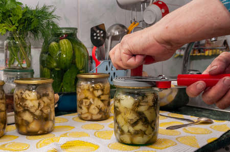 cooking canned vegetables. rolling up the lids with can sealing machineの写真素材