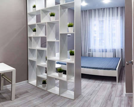 Petrozavodsk, Russia - 29 August 2020. Modern interior bedroom with minimalist design. Bedroom in hotel or appartmentのeditorial素材