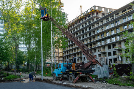 Petrozavodsk, Russia - 30 May 2019. Installation of street lightingのeditorial素材