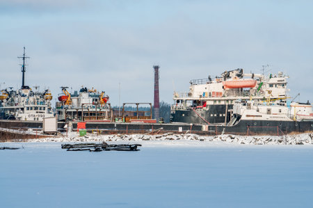 Petrozavodsk, Russia - 29 February 2020. ships in the winter parking lot
