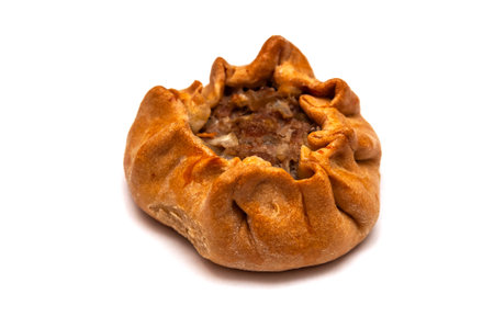 Pie with meat filling isolated on a white background. High quality photo