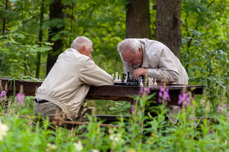 two elderly men playing chess in the parkのeditorial素材