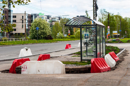 Petrozavodsk, Russia - 31 May 2020. bus stop repairs. road constructionのeditorial素材