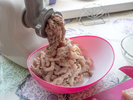 cooking minced meat at home in a meat grinder. High quality photo