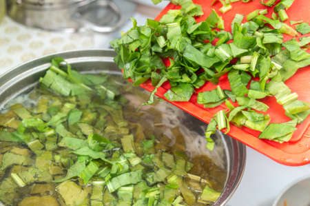 chopped greens are added to the soup. selective focus