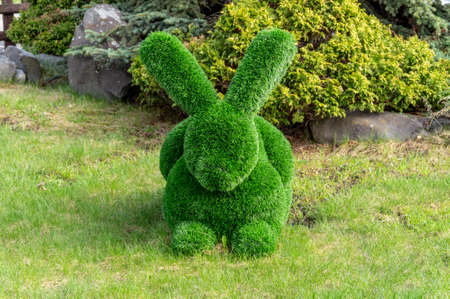 the figure of a rabbit made of artificial grass. garden decoration. selective focusの写真素材