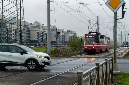 Saint Petersburg, Russia - 23 October 2022. car on tram tracksのeditorial素材
