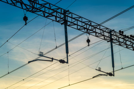 Contact network for rail transport against the skyの写真素材