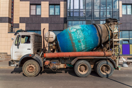 concrete mixer truck on the streetの写真素材