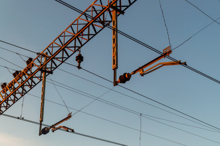Contact network for rail transport against the skyの写真素材