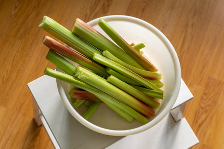 Whole rhubarb stalks in a large white plastic bowl. Top viewの写真素材