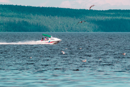 Petrozavodsk, Russia - 27 July 2023. speedboat on lakeのeditorial素材